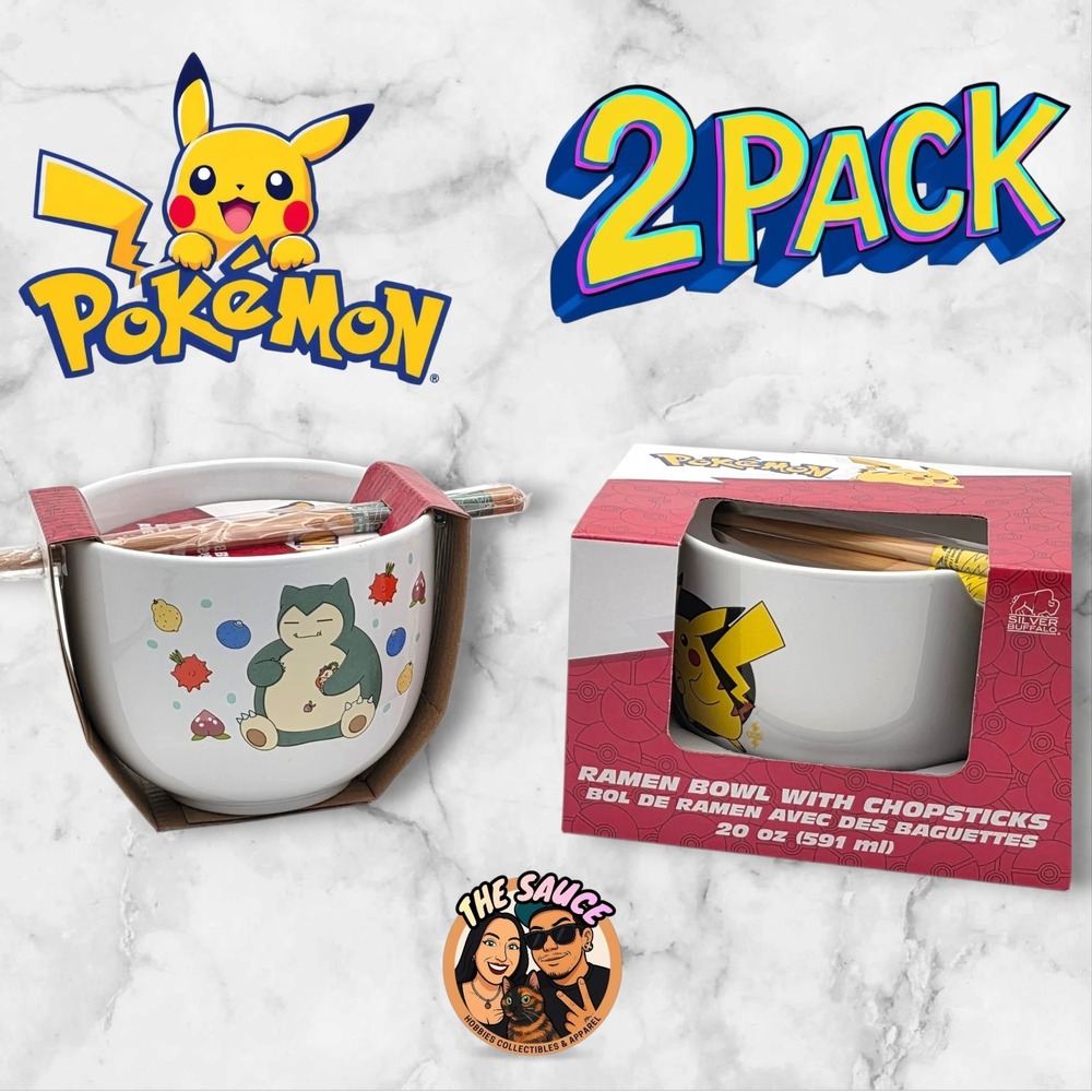 Pokemon Ramen‎ Bowl 2 Pack Pikachu Snorlax 20oz Ceramic with Chopsticks Gamer